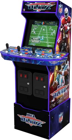 آلة Arcade1Up NFL Blitz Legends Arcade - 4 لاعبين، لعبة وقوف كاملة الحجم بطول 5 أقدام للمنزل مع شبكة WiFi للاعبين المتعددين عبر الإنترنت ولوحات المتصدرين وسرادق مضيء ومقعد حانة يحمل شعار NFL Blitz in Kuwait