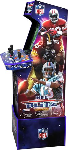 آلة Arcade1Up NFL Blitz Legends Arcade - 4 لاعبين، لعبة وقوف كاملة الحجم بطول 5 أقدام للمنزل مع شبكة WiFi للاعبين المتعددين عبر الإنترنت ولوحات المتصدرين وسرادق مضيء ومقعد حانة يحمل شعار NFL Blitz in Kuwait