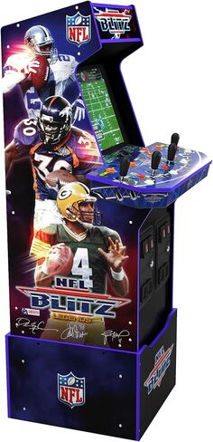 آلة Arcade1Up NFL Blitz Legends Arcade - 4 لاعبين، لعبة وقوف كاملة الحجم بطول 5 أقدام للمنزل مع شبكة WiFi للاعبين المتعددين عبر الإنترنت ولوحات المتصدرين وسرادق مضيء ومقعد حانة يحمل شعار NFL Blitz in Kuwait