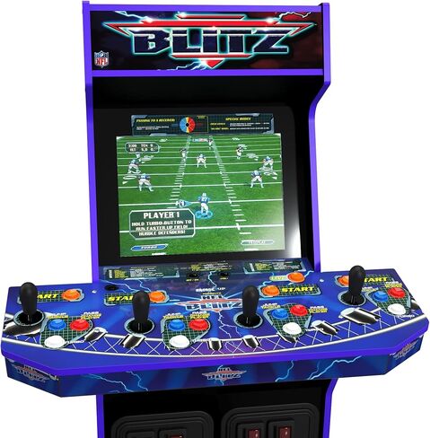 آلة Arcade1Up NFL Blitz Legends Arcade - 4 لاعبين، لعبة وقوف كاملة الحجم بطول 5 أقدام للمنزل مع شبكة WiFi للاعبين المتعددين عبر الإنترنت ولوحات المتصدرين وسرادق مضيء ومقعد حانة يحمل شعار NFL Blitz in Kuwait