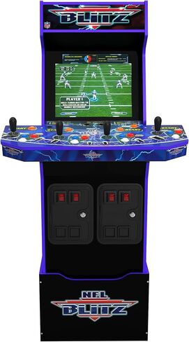 آلة Arcade1Up NFL Blitz Legends Arcade - 4 لاعبين، لعبة وقوف كاملة الحجم بطول 5 أقدام للمنزل مع شبكة WiFi للاعبين المتعددين عبر الإنترنت ولوحات المتصدرين وسرادق مضيء ومقعد حانة يحمل شعار NFL Blitz in Kuwait