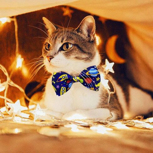 pohshido 2 حزمة طوق القط مع ربطة عنق وجرس، كيتي كيتن الفضاء وقوس قزح الانفصال طوق للذكور الإناث الفتيان والفتيات القطط (قوس قزح + الفضاء) in Kuwait