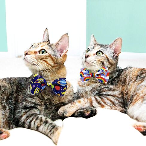 pohshido 2 حزمة طوق القط مع ربطة عنق وجرس، كيتي كيتن الفضاء وقوس قزح الانفصال طوق للذكور الإناث الفتيان والفتيات القطط (قوس قزح + الفضاء) in Kuwait