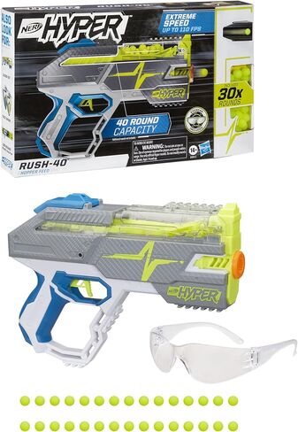 NERF Hyper Rush-40 Pump-Action Blaster, 30 Hyper Rounds, Eyewear, Up to 110 FPS Velocity, Easy Reload, Holds Up to 40 Rounds in Saudi Arabia