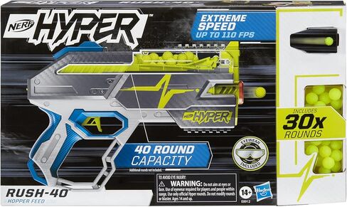 NERF Hyper Rush-40 Pump-Action Blaster, 30 Hyper Rounds, Eyewear, Up to 110 FPS Velocity, Easy Reload, Holds Up to 40 Rounds in Saudi Arabia