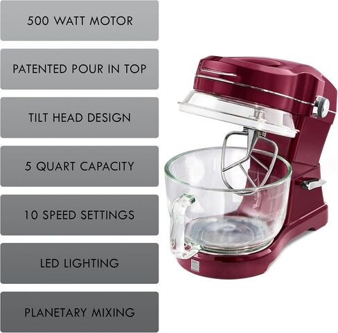 Kenmore Elite Ovation 5 Qt Stand Mixer, 500 Watt 10-Speed Motor, Revolutionary Pour-In Top, Tilt Head, Beater, Whisk, Dough Hook, Planetary Mixing, 360-Degree Splash Guard, Glass Bowl with Lid, Red in Saudi Arabia