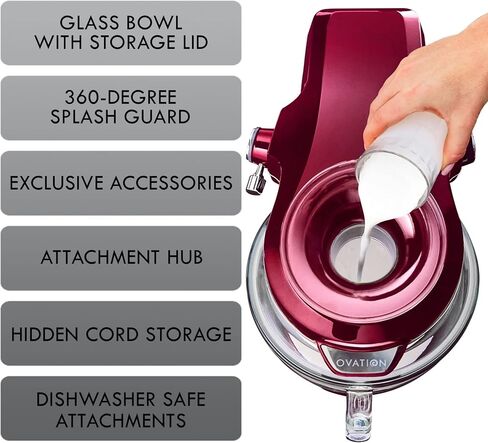 Kenmore Elite Ovation 5 Qt Stand Mixer, 500 Watt 10-Speed Motor, Revolutionary Pour-In Top, Tilt Head, Beater, Whisk, Dough Hook, Planetary Mixing, 360-Degree Splash Guard, Glass Bowl with Lid, Red in Saudi Arabia