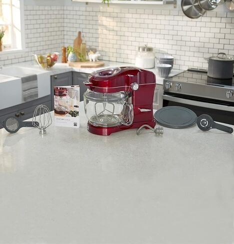 Kenmore Elite Ovation 5 Qt Stand Mixer, 500 Watt 10-Speed Motor, Revolutionary Pour-In Top, Tilt Head, Beater, Whisk, Dough Hook, Planetary Mixing, 360-Degree Splash Guard, Glass Bowl with Lid, Red in Saudi Arabia