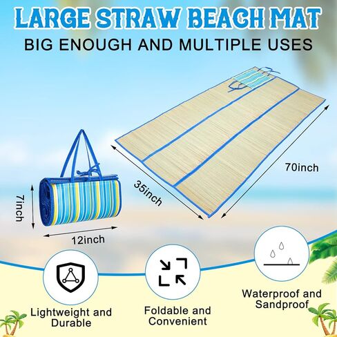 Woanger 4 Pcs Straw Beach Mat Foldable Picnic Blankets 70.8 x 35.4 Inch Portable Sand Proof Beach Blanket Large Lightweight Outdoor Play Mat for Family Gathering Camping Hiking Sunbathing Yoga Park in Kuwait