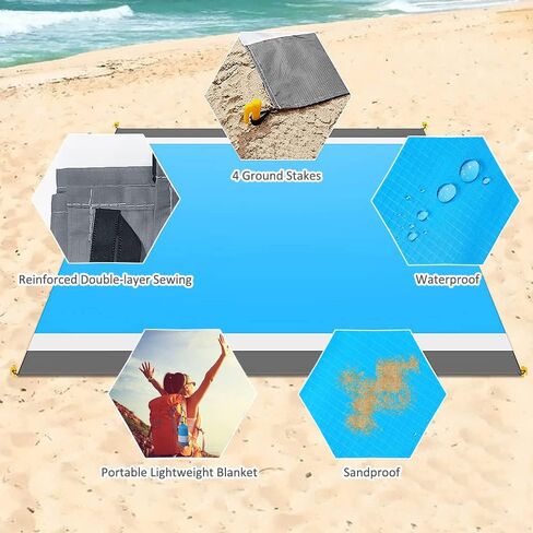 CALACH Pocket Beach Blanket, Large Waterproof Sandproof Beach Mat, 79 x83, Compact Blanket Quick Drying Lightweight Tarp Mat for Camping, Hiking, Picnics, Outdoor Travel (Blue) in Saudi Arabia