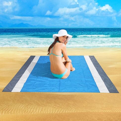 CALACH Pocket Beach Blanket, Large Waterproof Sandproof Beach Mat, 79 x83, Compact Blanket Quick Drying Lightweight Tarp Mat for Camping, Hiking, Picnics, Outdoor Travel (Blue) in Saudi Arabia