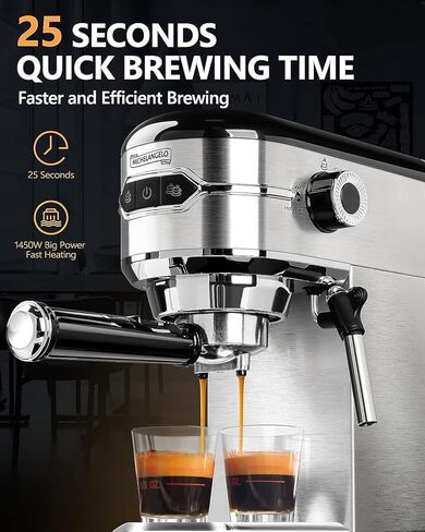 ماكينة إسبرسو مايكل أنجلو 15 بار مع رغوة الحليب، ماكينات قهوة اكسبريسو، ماكينة صنع اسبريسو من الفولاذ المقاوم للصدأ للكابتشينو واللاتيه، ماكينة صنع قهوة صغيرة مع رغوة - تصميم مدمج للمنزل in Kuwait