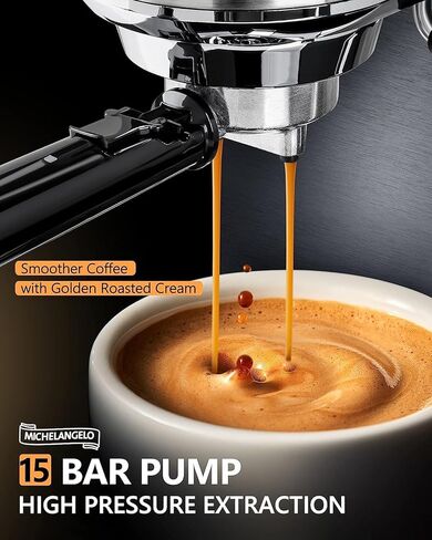 ماكينة إسبرسو مايكل أنجلو 15 بار مع رغوة الحليب، ماكينات قهوة اكسبريسو، ماكينة صنع اسبريسو من الفولاذ المقاوم للصدأ للكابتشينو واللاتيه، ماكينة صنع قهوة صغيرة مع رغوة - تصميم مدمج للمنزل in Kuwait