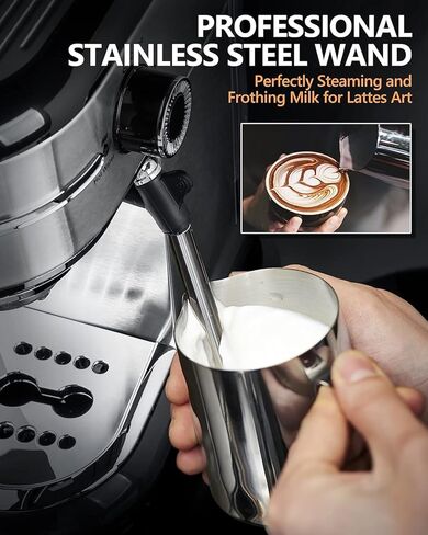 ماكينة إسبرسو مايكل أنجلو 15 بار مع رغوة الحليب، ماكينات قهوة اكسبريسو، ماكينة صنع اسبريسو من الفولاذ المقاوم للصدأ للكابتشينو واللاتيه، ماكينة صنع قهوة صغيرة مع رغوة - تصميم مدمج للمنزل in Kuwait