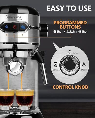 ماكينة إسبرسو مايكل أنجلو 15 بار مع رغوة الحليب، ماكينات قهوة اكسبريسو، ماكينة صنع اسبريسو من الفولاذ المقاوم للصدأ للكابتشينو واللاتيه، ماكينة صنع قهوة صغيرة مع رغوة - تصميم مدمج للمنزل in Kuwait