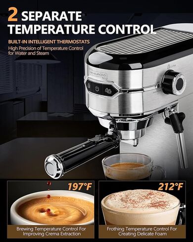 ماكينة إسبرسو مايكل أنجلو 15 بار مع رغوة الحليب، ماكينات قهوة اكسبريسو، ماكينة صنع اسبريسو من الفولاذ المقاوم للصدأ للكابتشينو واللاتيه، ماكينة صنع قهوة صغيرة مع رغوة - تصميم مدمج للمنزل in Kuwait