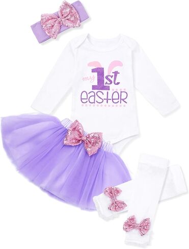 MIGU My First Easter Baby Girl Outfit Baby Girl Easter Outfit Long Sleeve Romper With Tutu Skirt 4Pcs Baby Easter Dress… in Saudi Arabia