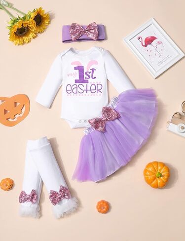 MIGU My First Easter Baby Girl Outfit Baby Girl Easter Outfit Long Sleeve Romper With Tutu Skirt 4Pcs Baby Easter Dress… in Saudi Arabia