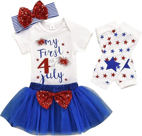 Xfglck Newborn Baby Girl 4th of July Outfits Short Sleeve Romper +Tutu Tulle Skirt + Headband Leg Warmer Independence Day Set in Saudi Arabia