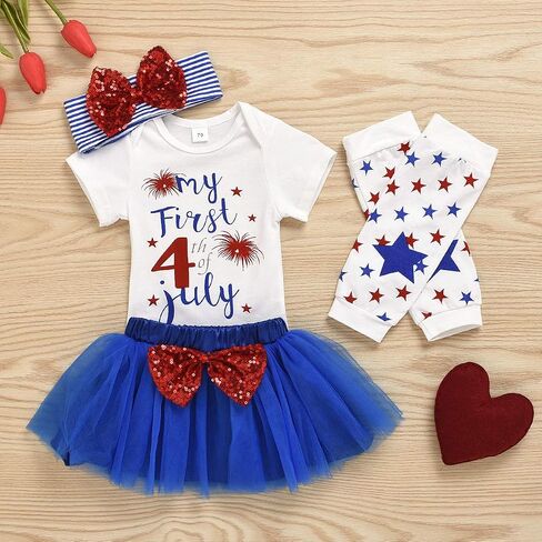 Xfglck Newborn Baby Girl 4th of July Outfits Short Sleeve Romper +Tutu Tulle Skirt + Headband Leg Warmer Independence Day Set in Saudi Arabia
