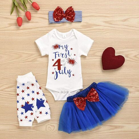 Xfglck Newborn Baby Girl 4th of July Outfits Short Sleeve Romper +Tutu Tulle Skirt + Headband Leg Warmer Independence Day Set in Saudi Arabia