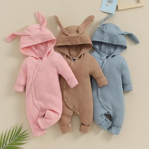 Ursobutegl Newborn Baby Boy Girl Romper Easter Outfits Bunny Ear Hoodie Button onesie Bodysuits Jumpsuit Overall Rabbit Hat in Kuwait