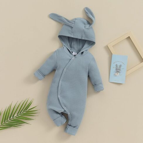 Ursobutegl Newborn Baby Boy Girl Romper Easter Outfits Bunny Ear Hoodie Button onesie Bodysuits Jumpsuit Overall Rabbit Hat in Kuwait