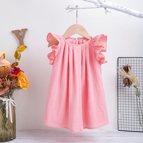 Yanmucy Toddler Cotton Dress Baby Girls Summer Beach Ruffle Pink/Beige Dresses 6-24 Months in Kuwait