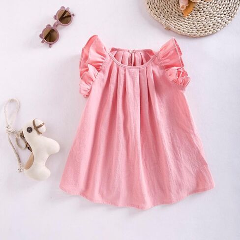 Yanmucy Toddler Cotton Dress Baby Girls Summer Beach Ruffle Pink/Beige Dresses 6-24 Months in Kuwait