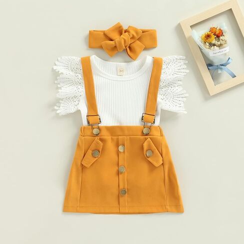 CIYCUIT 3Pcs Toddler Baby Girl Easter Outfit - Ruffle Romper, Suspender Skirt, and Headband Set for Spring and Summer in Saudi Arabia