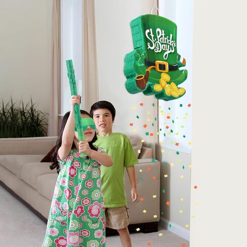 عيد القديس باتريك بيناتا شامروك ليبرشاون قبعة بيناتا مع قصاصات معصوب العينين لاكي كلوفر بيناتا مجموعة زينة عيد القديس باتريك لمستلزمات ألعاب حفلات المهرجانات الأيرلندية (قبعة خضراء) in Kuwait