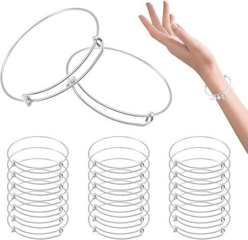 Silver Expandable Bangle Bracelets Adjustable, Wire Blank Bracelets Blank Stainless Steel Blank Bangles Set for Jewelry Making Charms(20PCS) in Kuwait