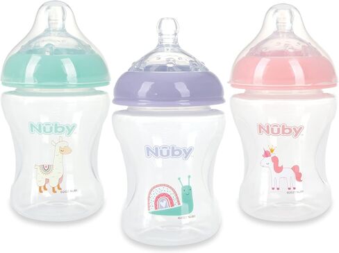 Nuby 3-Pack Infant Feeding Bottles with Slow Flow Breast Size Silicone Nipple: 0+ Months, 8oz, 3 Pack Set: Delicate Llama, Snail, Unicorn Prints in Saudi Arabia