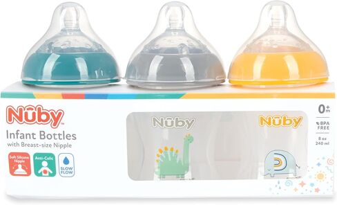 Nuby 3-Pack Infant Feeding Bottles with Slow Flow Breast Size Silicone Nipple: 0+ Months, 8oz, 3 Pack Set: Delicate Llama, Snail, Unicorn Prints in Saudi Arabia