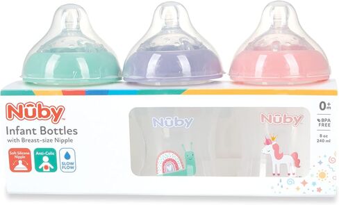 Nuby 3-Pack Infant Feeding Bottles with Slow Flow Breast Size Silicone Nipple: 0+ Months, 8oz, 3 Pack Set: Delicate Llama, Snail, Unicorn Prints in Saudi Arabia