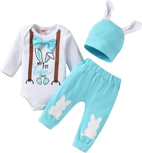 Preemie Newborn Boy Easter Outfit Infant Baby Boy Bow Tie Romper + Bunny Pants + Rabbit Hat 3Pc Clothes Set … in Saudi Arabia