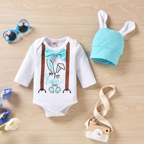 Preemie Newborn Boy Easter Outfit Infant Baby Boy Bow Tie Romper + Bunny Pants + Rabbit Hat 3Pc Clothes Set … in Saudi Arabia