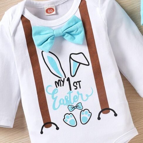 Preemie Newborn Boy Easter Outfit Infant Baby Boy Bow Tie Romper + Bunny Pants + Rabbit Hat 3Pc Clothes Set … in Saudi Arabia