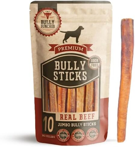 Bully Bunches Premium 12 Inch Jumbo Odor-Free Bully Sticks for Medium & Large Dogs - Long Lasting Chews for Oral Care - All Natural & Single Ingredient, 100% Beef Dog Treat, Rawhide Free (5 Pk) in Saudi Arabia