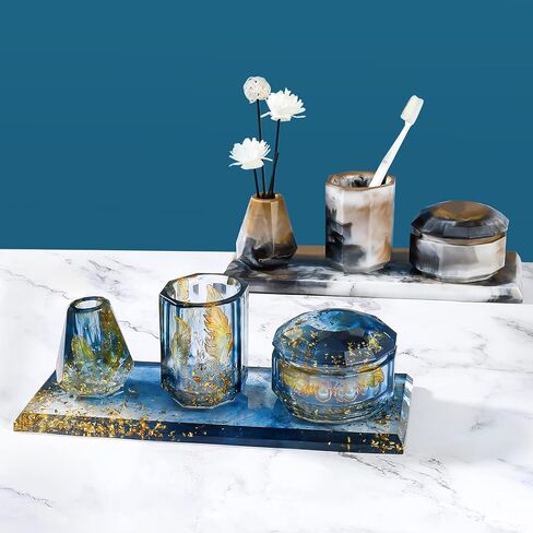 ISSEVE 4Pcs Resin Molds for Bathroom Accessories Set, Silicone Molds for Resin Casting - Toothbrush Holder Cup & Diffuser Bottle Mold, Tray & Jar Mold with Lid Kit for Countertop Vanity Organizer in Kuwait