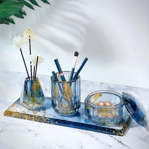 ISSEVE 4Pcs Resin Molds for Bathroom Accessories Set, Silicone Molds for Resin Casting - Toothbrush Holder Cup & Diffuser Bottle Mold, Tray & Jar Mold with Lid Kit for Countertop Vanity Organizer in Kuwait