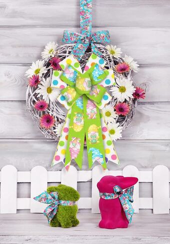 Large Spring Wreath Bows, Yellow Stripe Bows for Wreath Colorful Dot Wreath Bows Easter Bows for Front Door White Yellow Easter Tree Bows for Indoor Outdoor Decor in Saudi Arabia
