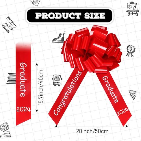 Xuniea 20 بوصة قوس سيارة كبير تهانينا فئة 2024 القوس العملاق لتزيين السيارة سحب القوس الشريط كبير التفاف سيارة القوس زخرفة التخرج لخريجي حفلة عيد ميلاد سيارة الديكور (الأحمر) in Kuwait