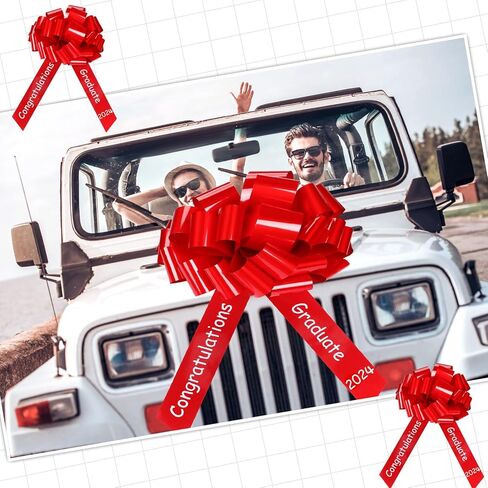 Xuniea 20 بوصة قوس سيارة كبير تهانينا فئة 2024 القوس العملاق لتزيين السيارة سحب القوس الشريط كبير التفاف سيارة القوس زخرفة التخرج لخريجي حفلة عيد ميلاد سيارة الديكور (الأحمر) in Kuwait