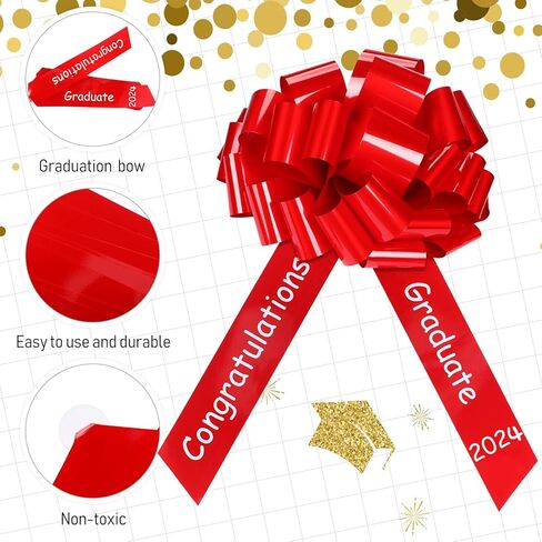 Xuniea 20 بوصة قوس سيارة كبير تهانينا فئة 2024 القوس العملاق لتزيين السيارة سحب القوس الشريط كبير التفاف سيارة القوس زخرفة التخرج لخريجي حفلة عيد ميلاد سيارة الديكور (الأحمر) in Kuwait