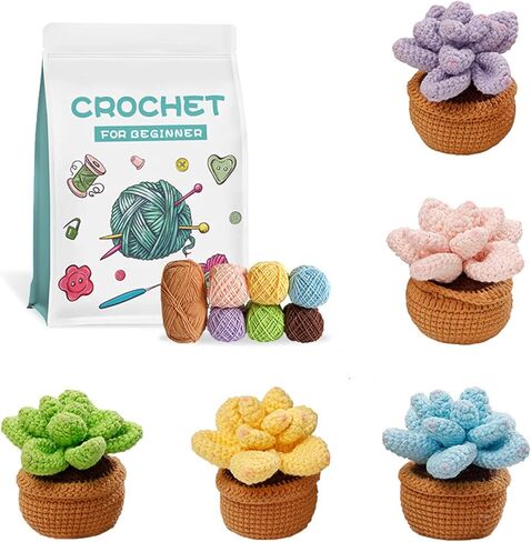 مجموعة كروشيه للمبتدئين من GOULIKFUL، 5 قطع من النباتات النضرة اللطيفة، مجموعة أدوات كروشيه للمبتدئين مع دروس فيديو خطوة بخطوة للبالغين المبتدئين، تتضمن ملحقات مقص إبر الغزل in Kuwait