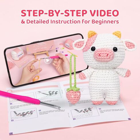 Mewaii Crochet Kit for Beginners, Complete DIY Crochet Kit Animals with 40%+ Pre-Started Tape Yarn Step-by-Step Video Tutorials for Adults and Kids,Strawberry Cow and Sample Plush in Saudi Arabia