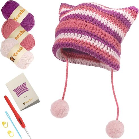 Crochet Kit for Beginners, Crochet Hat Starter Kit with Step-by-Step Video Tutorials, Cat Beanie Knitting Kit Including Yarn, Crochet Hook (Hippotigris) in Saudi Arabia