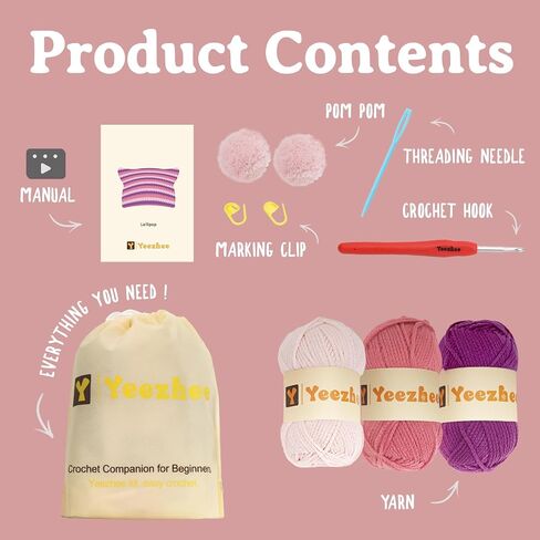 Crochet Kit for Beginners, Crochet Hat Starter Kit with Step-by-Step Video Tutorials, Cat Beanie Knitting Kit Including Yarn, Crochet Hook (Hippotigris) in Saudi Arabia