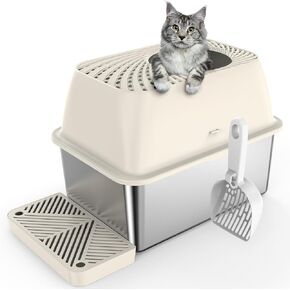 8" Deep Stainless Steel Litter Box with Lid, Top Entry Litter Box for Dog-Proof, Covered Cat Litter Box with Filter Footboard & Scoop, Odor Control, Anti-Leakage, Non-Sticky, Easy Cleaning (Ivory)